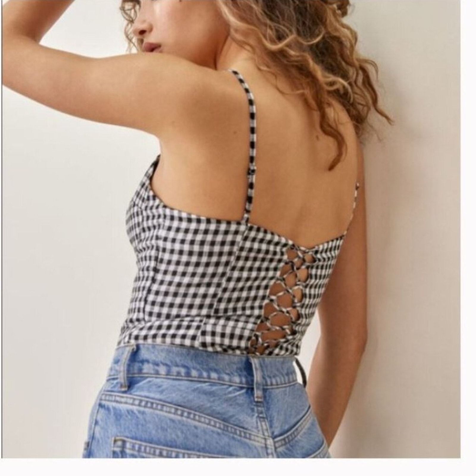 Reformation Cozumel Linen Gingham Lace Up Top Sz 0